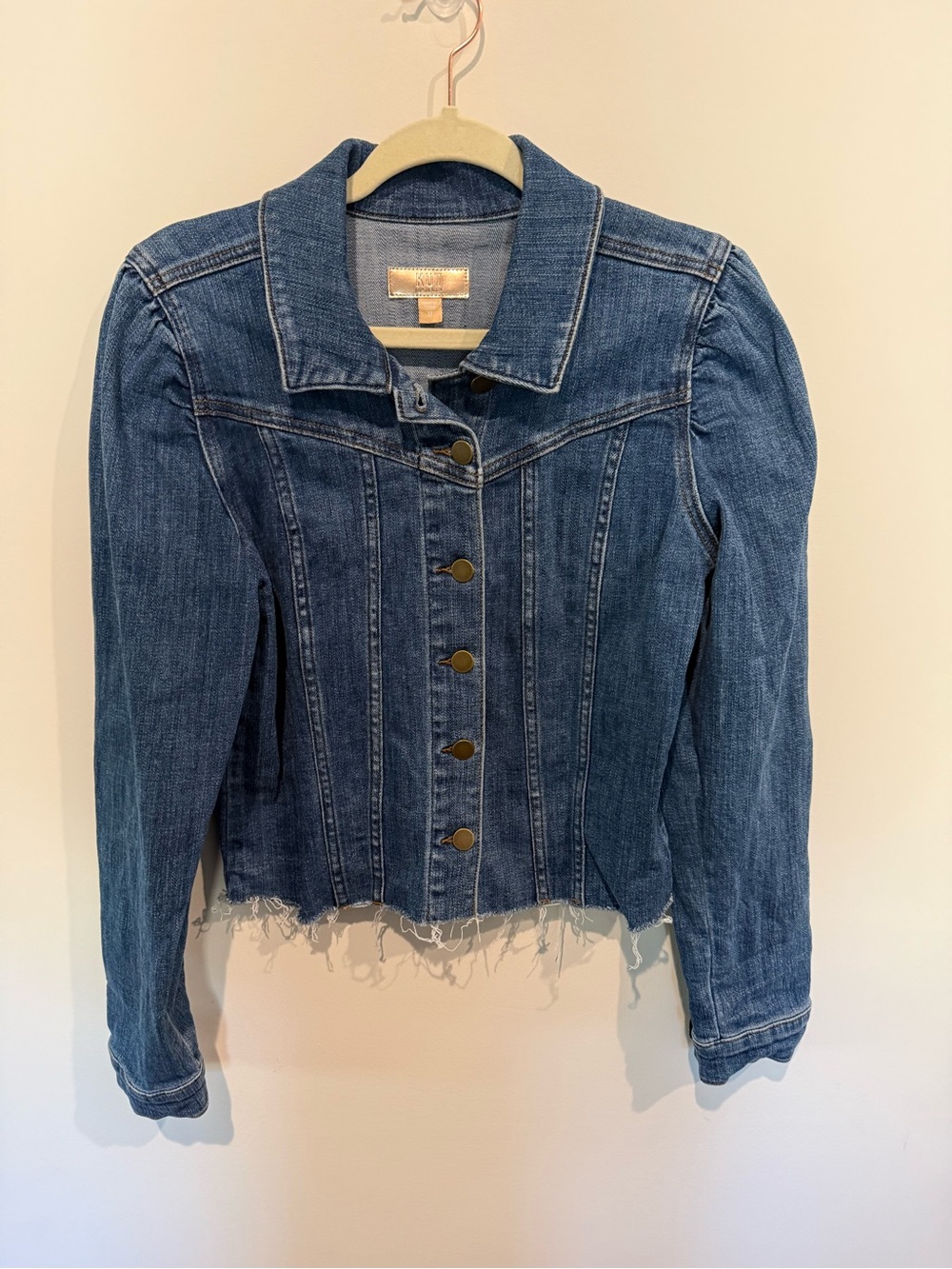 Kut from the Kloth Denim Jacket. Button closure. Puff sleeves. Size Medium